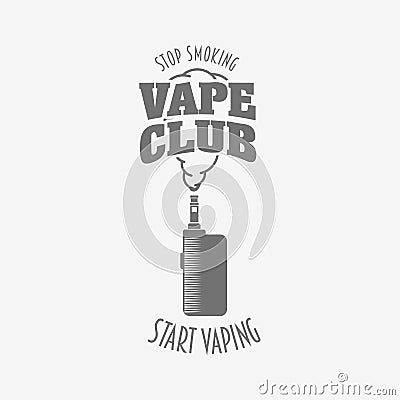 Vape club badge, logo or symbol design concept. Vaping box mod and vapor cloud vector illustration isolated on white Vector Illustration