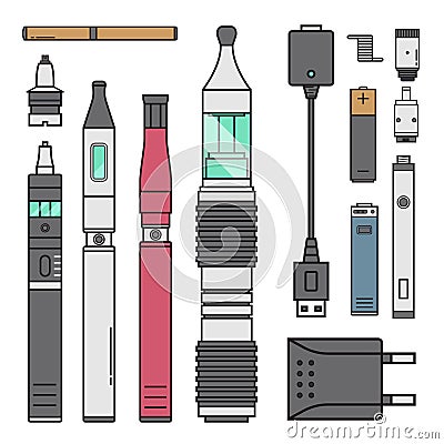 Vape device vector cigarette vaporizer vapor juice vape bottle flavor illustration battery coil electronic nicotine Vector Illustration