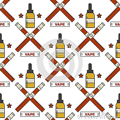 Vape device vector seamless pattern cigarette vaporizer vapor juice bottle flavor illustration battery coil. Vector Illustration