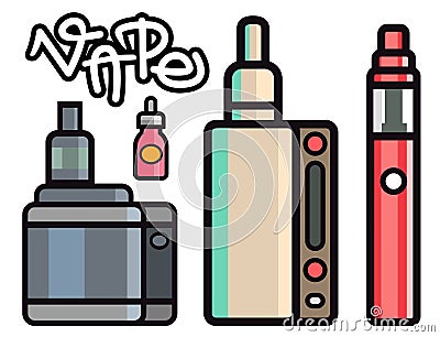 Vape device vector set cigarette vaporizer vapor juice bottle flavor illustration battery coil. Vector Illustration