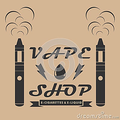 Vape shop emblem template. Vector style emblem with vaping attributes. Stock Photo