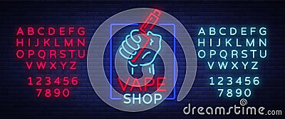 Vape shop neon icon, logo isolated Vector illustration. Neon sign, a night glowing banner selling electronic cigarettes Vector Illustration