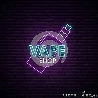 Vape shop neon sign. Neon advertising signboard. Vector Illustration