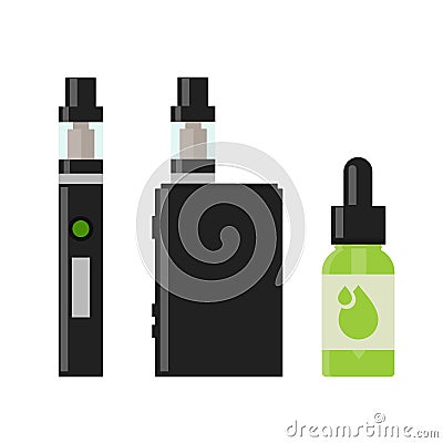 Vaping device and accessory. Electronic cigarette and bottles with vape liquid. Vector Illustration