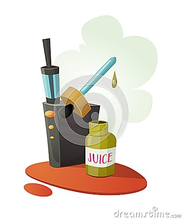 Vaping device mod with bottle of juice. Cartoon Illustration