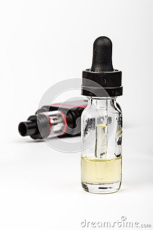 Vaping electronic mod and vape liquid on white Stock Photo