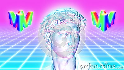 Vaporwave Aesthetic Statue on 80s Neon Glow Grid with Spinning Logo - Abstract Background Texture Stock Photo