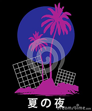 Vaporwave aesthetic t shirt illustration. Typography slogan vector for t shirt printing. . Japanese sign `Summer night`. Vector Illustration