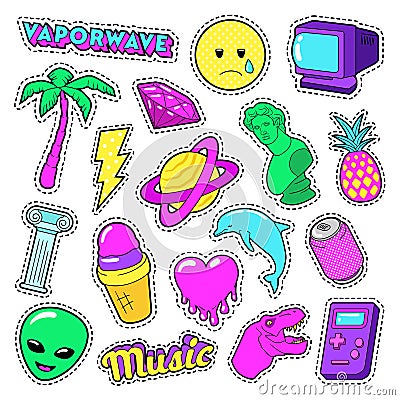 Vaporwave Fashion Funky Elements with Heart, Icecream and Planet for Stickers, Badges Vector Illustration