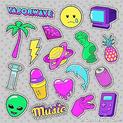 Vaporwave Fashion Funky Elements with Heart, Icecream and Planet for Stickers, Badges Vector Illustration