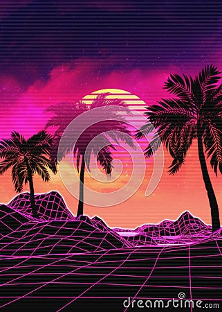 Vaporwave landscape with rocks and palms Cartoon Illustration