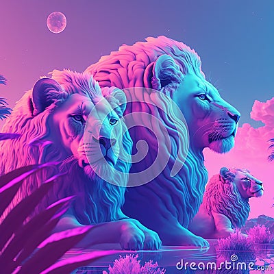 Vaporwave Lions AI Generated Stock Photo