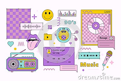 Vaporwave Music Template Boxes and Interfaces Elements in Trendy y2k Style. Retro Desktop with Frames. Vector Stock Photo