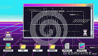 Vaporwave 80s interface screen. Retro terminal or old computer screen, virtual hack attack and program glitch system Vector Illustration