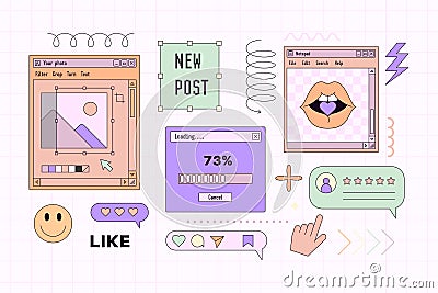 Vaporwave Template Boxes and Interfaces Elements. Retro Desktop with Frames . Vector Background Nostalgic for 90s Stock Photo