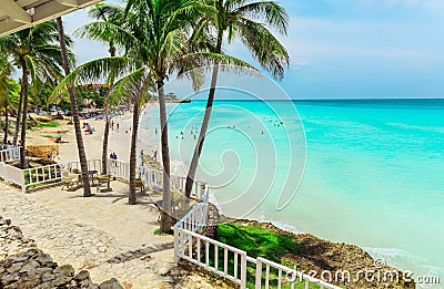 Nice inviting view of Melia Varadero beach and tender turquoise, tranquil ocean with people swimming, relaxing, on sunny ni Editorial Stock Photo