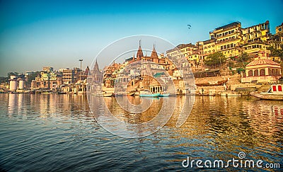 The Hindu Ghats on the River Ganges in Varanasi in India Stock Photo