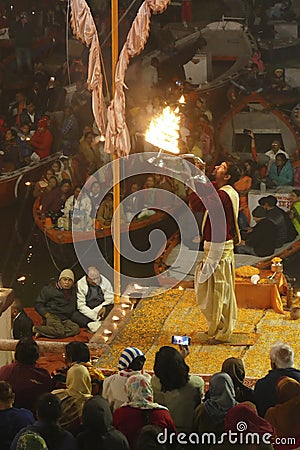 Brahmin priests conduct the aarti evening prayer service Editorial Stock Photo