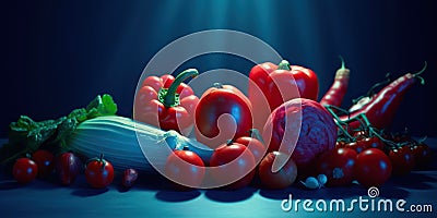 Varety of vegitables in blue-red light, concept of Chromatic effects, created with Generative AI technology Stock Photo