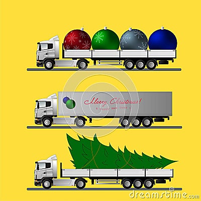 Variants of European trucks with semi-trailers for transporting New Year s goods and decorations Blank for designers Stock Photo