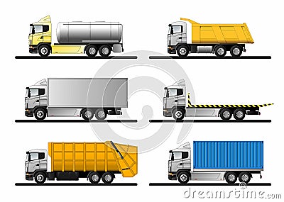 Variants of modern European trucks for the transport of various goods Stock Photo