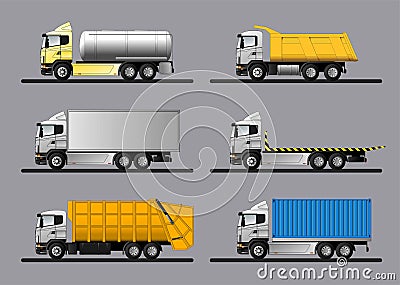 Variants of modern European trucks for the transport of various goods. Vector flat illustration Vector Illustration