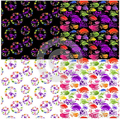 Variation abstract seamless white and black seamless wallpapers with colorful brush strokes and hippie peace symbol with colorful Vector Illustration