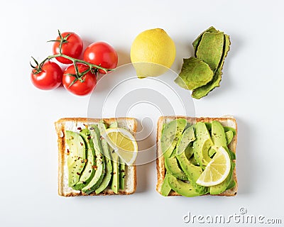 Variation of healthy breakfast sandwiches with avocado and toppings on white background. Food concept Stock Photo