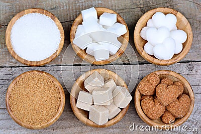 Variation types of sugar in a bamboo bowls Stock Photo