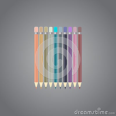 Varicolored color pencils set isolated on gray background. Office supplies. Vector Illustration