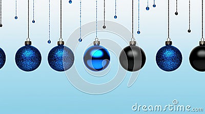 Varied blue baubles, some with glittery textures, dangling on dark chains, evoking a sense of oceanic wonder Stock Photo