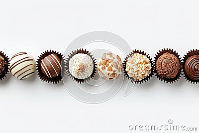 Varied flavored chocolates array against clean background, offering ample space for branding Stock Photo