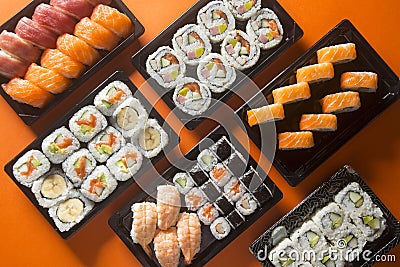 Varied sushi table, seen from above Stock Photo