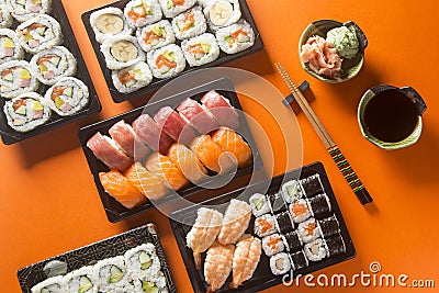 Varied sushi table, seen from above Stock Photo