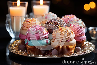 Varied sweetness: Cupcakes, brigadeiros, macarons and colorful truffles make up the scene., generative IA Stock Photo
