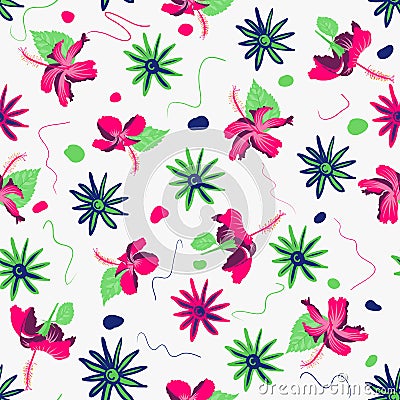 Variegated seamless floral hibiscus motif art for colorful wall decoration, curtain Vector Illustration