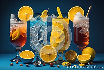 Variety of alcoholic cocktails on blue background. Alcoholic drinks. generative ai Stock Photo