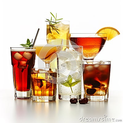 Variety of Alcoholic Drinks and Beverages Isolated on White Stock Photo