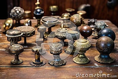 a variety of antique brass door knobs displayed on table Stock Photo