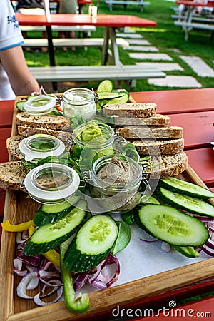 Variety of apetizers tapas creams dips on plate with vegetabe Stock Photo