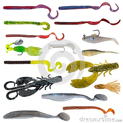 Variety of Artificial Fishing Lures Isolated on a White Background Stock Photo