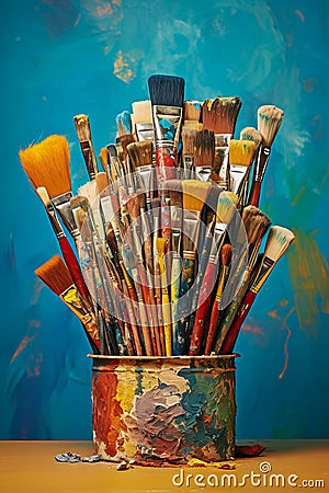 A variety of artist paint brushes laid out on a vibrant background, in art class extracurricular hobby at school or Stock Photo