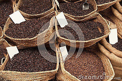 variety assorted coffee beans in bags Stock Photo