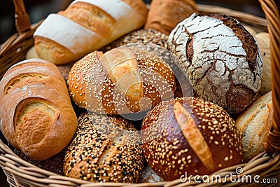 Variety of bakery bread products in basket Stock Photo