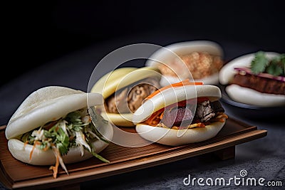a variety of bao buns with different fillings, including savory and sweet Stock Photo
