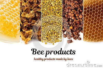 A variety of bee products. Honey, pollen, propolis, bee bread, wax. Apitherapy. Healthy products made by bees. Stock Photo