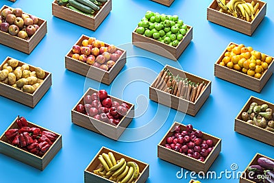 Variety Of Boxes Full Of Fruits And Vegetables on Blue Background. Concept Of Fresh And Healthy Eating. 3d Rendering. Stock Photo