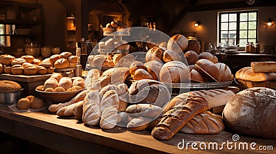 Variety of bread on display at a bakery shop. AI generative Stock Photo