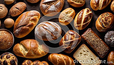 A variety of breads are displayed in this image Stock Photo