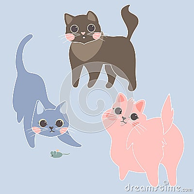 Variety breeds cats in different poses sitting, standing, stretching, playing, lying. Collection of kittens. Sweet cat Vector Illustration